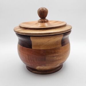 MCM Vintage Handcrafted Patchwork Design Wooden Trinket Bowl with a Lid